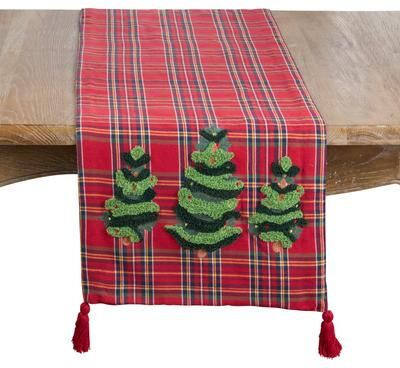 Saro "Tufted Christmas Tree Table Runner - Plaid Tree Accents with Tassel Ends for Christmas Dining & Entertaining - 16""x72"""