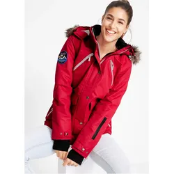 bonprix wasserdichte Funktions-Jacke, rot, Gr.38, Praktische Regenjacke mit abnehmbarer Kapuze sowie abnehmbarem Fellimitat und verschließbaren Taschen