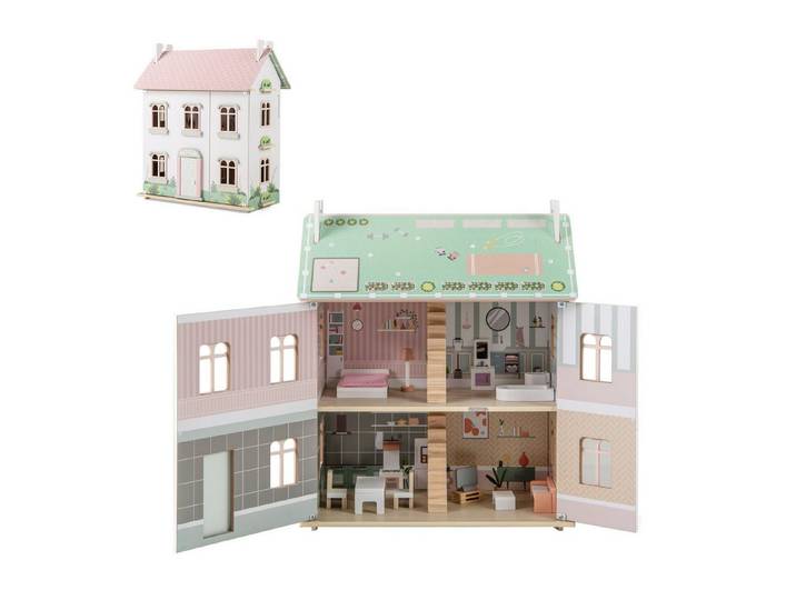 KOMFOTTEU Puppenhaus Holzpuppenhau, mit Möbeln und Zubehör, Kinder ab 3 Jahren