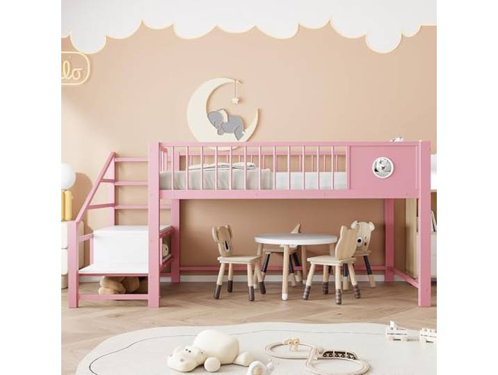 Bellemave Niedrig‑Hochbett 90x200cm,Kinderbett mit Stauraum,Metall Rosa Stauraum-Leiter mit Fächern, umlaufendes Sicherheitsgeländer, belastbar bis 120 kg, 2-Paket-Lieferung, ohne Matratze