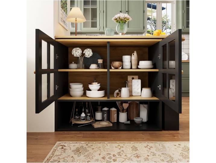 Buffet de cuisine pivotant 360° extensible 138-204 cm meuble rangement noir MDF portes verre trempé ORVRYN