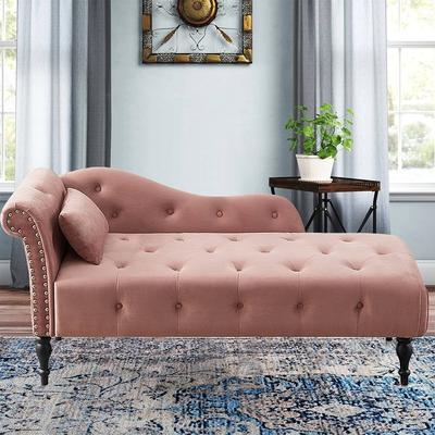 "60""W Velvet Chaise Lounge, Tufted with Pillow & Nailhead Decorate - 60.6W"" x 27.5D"" x 28.3""H"