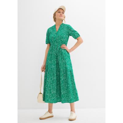 Midikleid BONPRIX, Damen, Gr. 40, N-Gr, Halbarm, Web, grün (minzegrün, wollweiß bedruckt), Web, Obermaterial: 100% Baumwolle, slim fit ca. Mitte Wade, Kleider Midikleid, körperumspielende Form, mit Henleykragen, Halbarm-Design