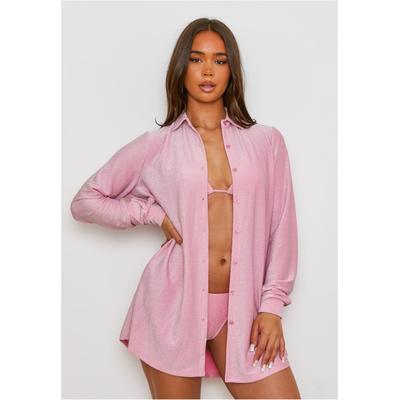Langarmbluse MODA MINX "Lumiere", Damen, Gr. M, pink, 85% Polyester, 8% Elasthan, 7% Metall, unifarben, lang, ohne Ausschnitt, Blusen, mit tollem Schimmer
