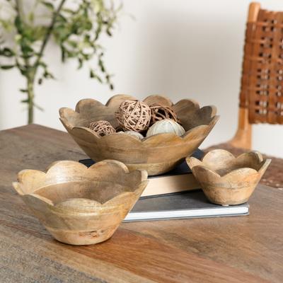 "Arcilla Elemental - Mango Wood Handmade Floral Large Decorative Bowl (Set of 3) - 12"", 9"", 6""W"