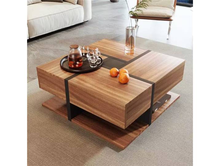Desmiu Table Basse Carrée Avec 4 Tiroirs Et Rangement Inférieur\, En Panneau De Particules\, Naturel\, 78 × 78 × 36 Cm
