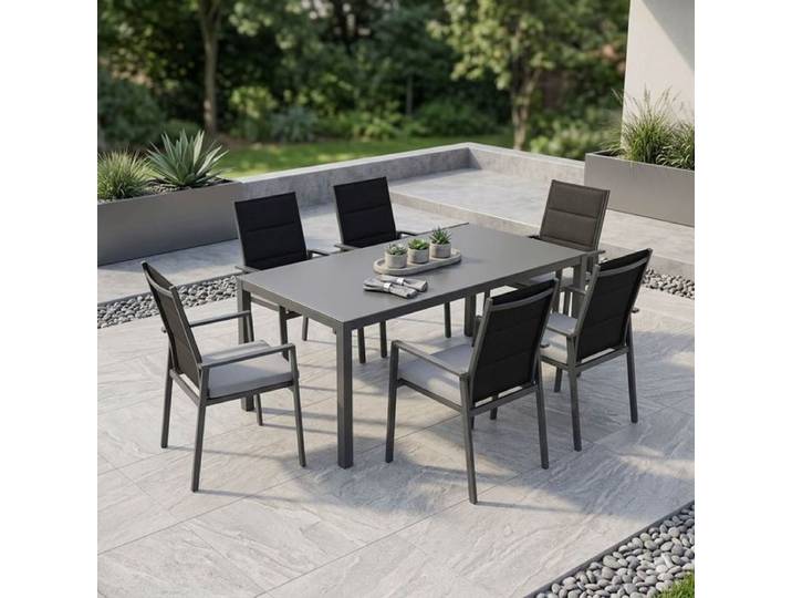 Niehoff Nancer Gartenmöbel-Set L (6 Plätze) mit OUTLIV. Tisch 220x100cm Schwarz Dunkelgrau Hellgrau