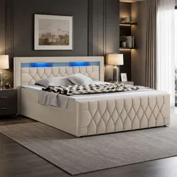 Juskys Boxspringbett Leona Samt 140x200 cm in Beige – mit LEDs, Topper & H4-Federkern-Matratzen