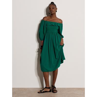 Midikleid APRICOT "Midi-Kleid im Milchmädchen-Stil mit Rüschen", Damen, Gr. S (36), N-Gr, grün, gewebt, Obermaterial: 100% Baumwolle CO., uni, Puffärmel Elastisch, Kleider Midikleid, Gerafft