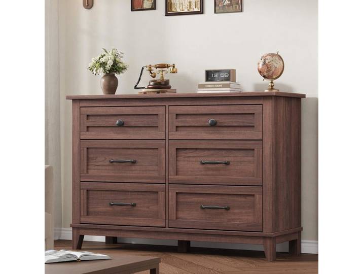 Commode 6 tiroirs bois marron 120cm style rustique moderne grand rangement chambre salon entrée