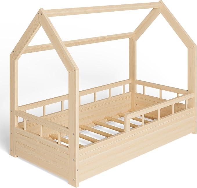 Hausbett Kinderbett 70x140 cm mit Rausfallschutz und Lattenrost - Einzelbett aus Kiefernholz für Mädchen und Junge - Natur Farblos