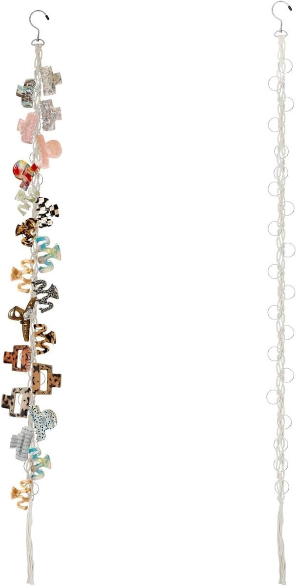 Hangbare gevlochten haarclip organizer met draaibare haak en 20 metalen ringen voor dagelijkse benodigdheden