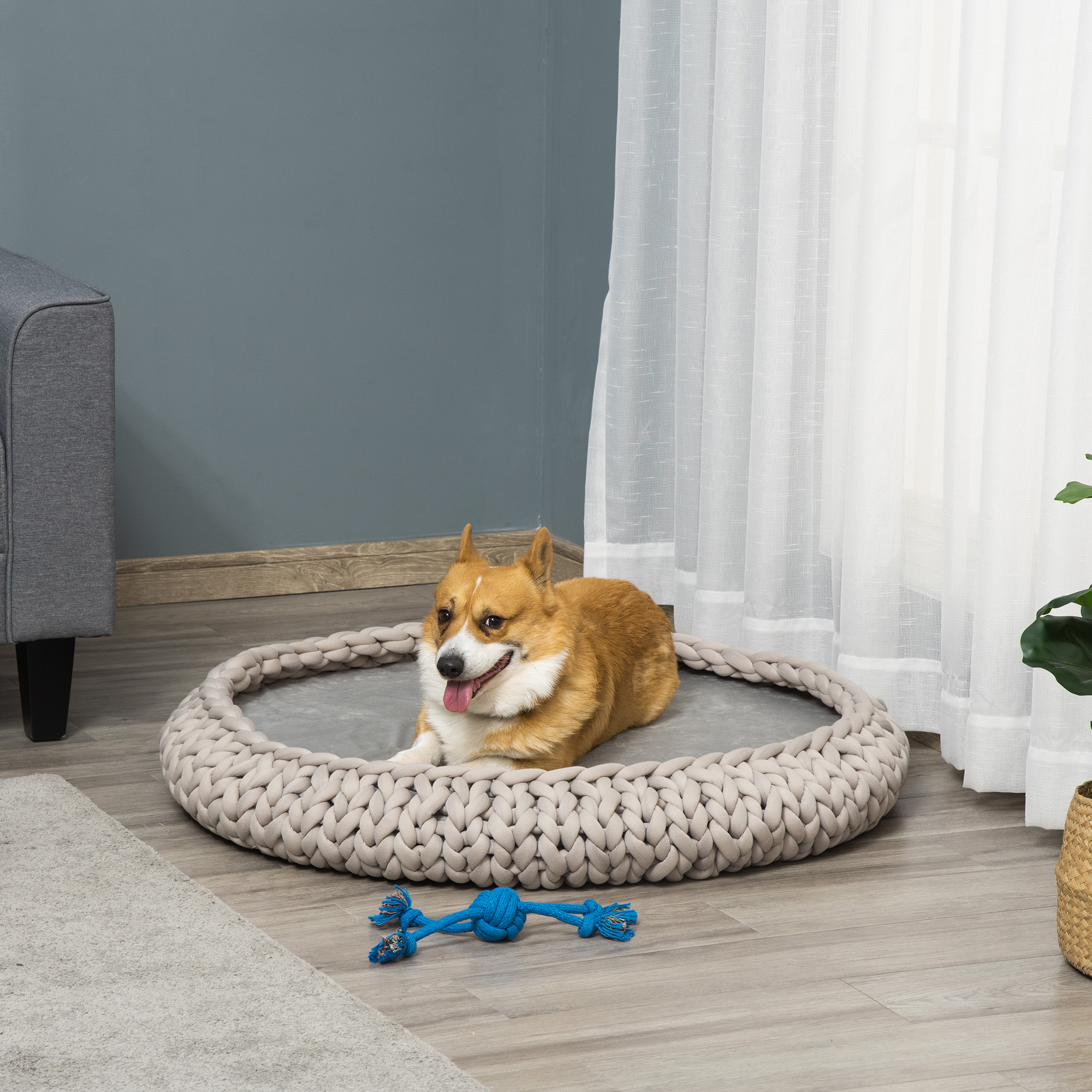 Pawhut Cuccia per Cani e Gatti Rotonda con Bordi Rialzati e Cuscino, Lettino per Cani Imbottito Effetto Velluto, Φ93x15cm, Grigia Aosom