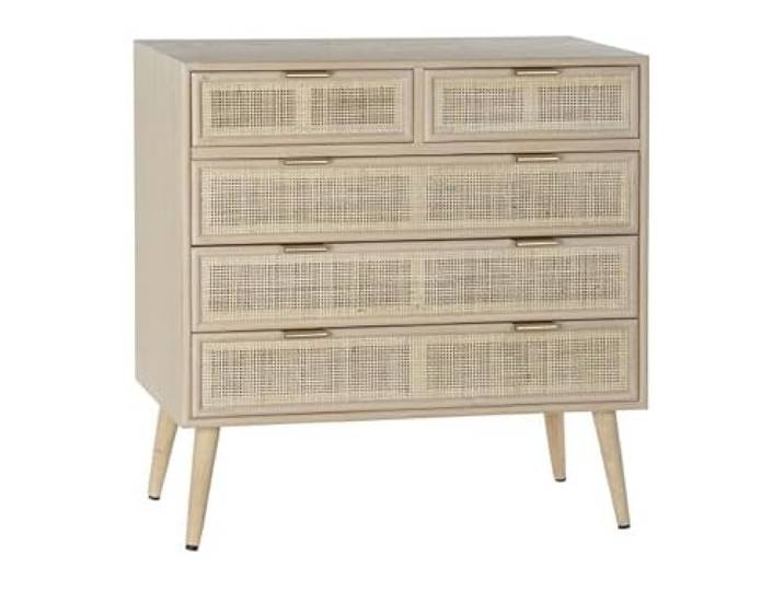 DRW Kommode mit 5 Schubladen aus Holz und Rattan, 80 x 39,5 x 81 cm