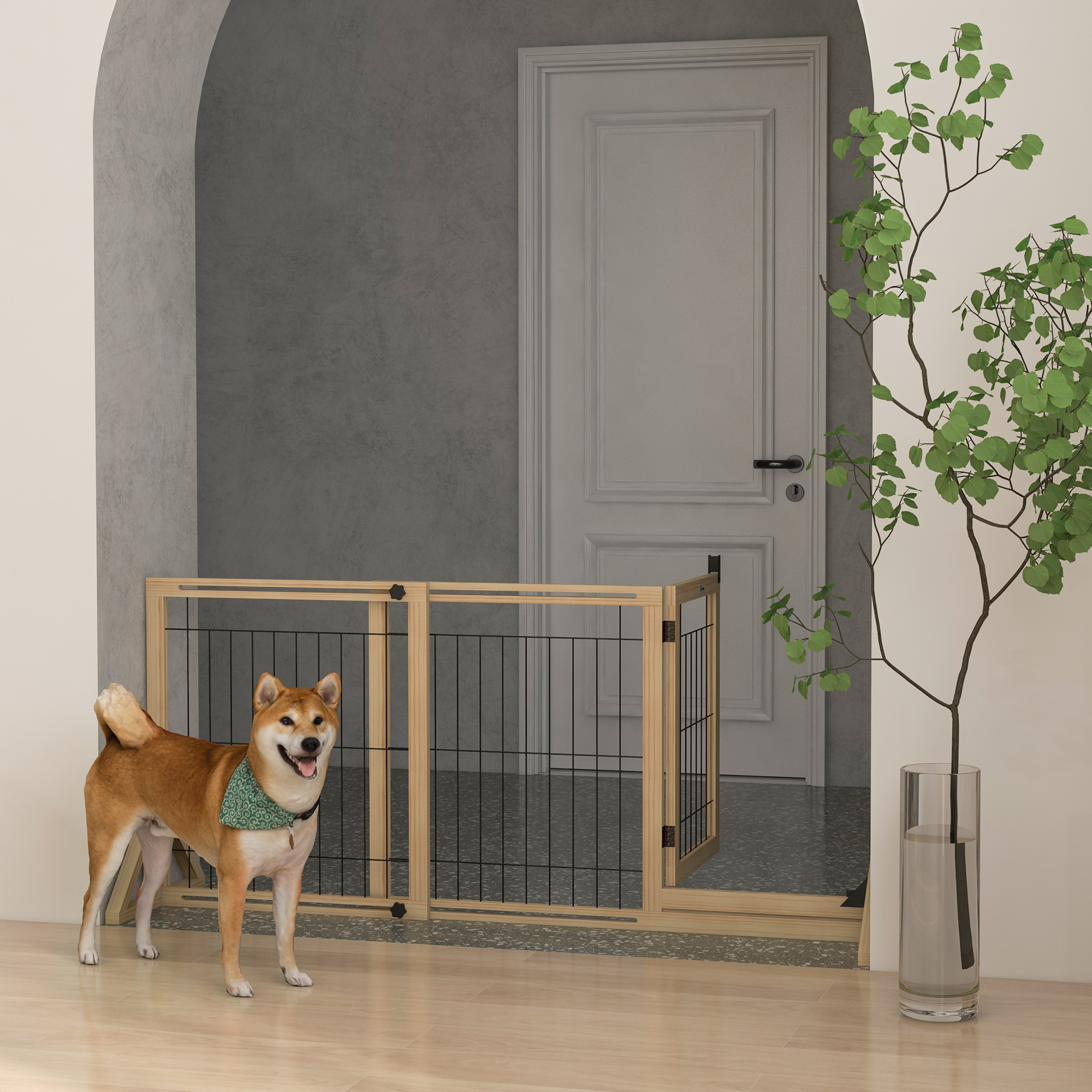 Pawhut Cancelletto per Cani Estensibile con Porta e 2 Pannelli, Piedini Triangolari, 112-159x70 cm, Legno Naturale   Aosom Italy