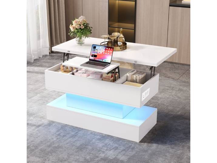 Table basse Plateau de café amovible Prise de charge USB-C et USB Blanc 100*50*51.5cm Table basse avec prise de courant