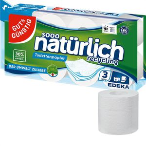 Gut&Günstig Toilettenpapier sooo natürlich, 3-lagig, Recyclingpapier, 200 Blatt, 8 Rollen