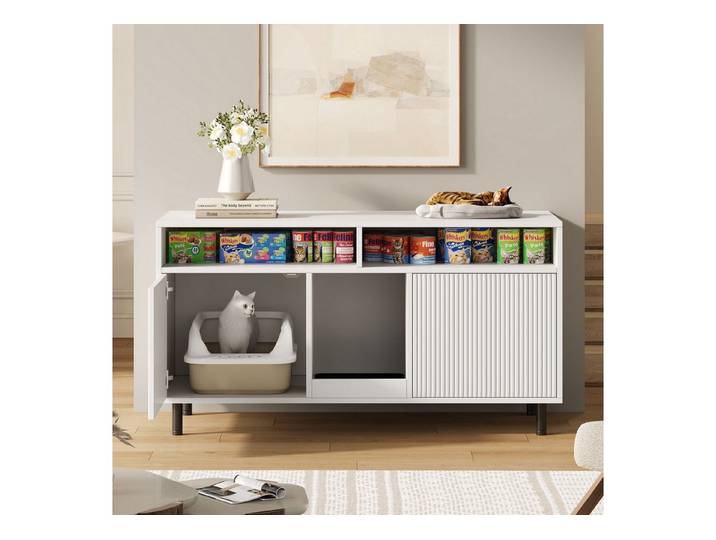 Flieks Mehrzweckschrank mit Sandauffangmatte, Ablage (Sideboard, TV-Schrank, 1-St., 120x50x66 cm) Katzentoiletten, Katzenstreuwanne-Schrank Haustier-Schrank Weiß