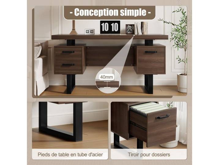 Bureau Logidon 135x54 cm MDF métal marron tiroir silencieux