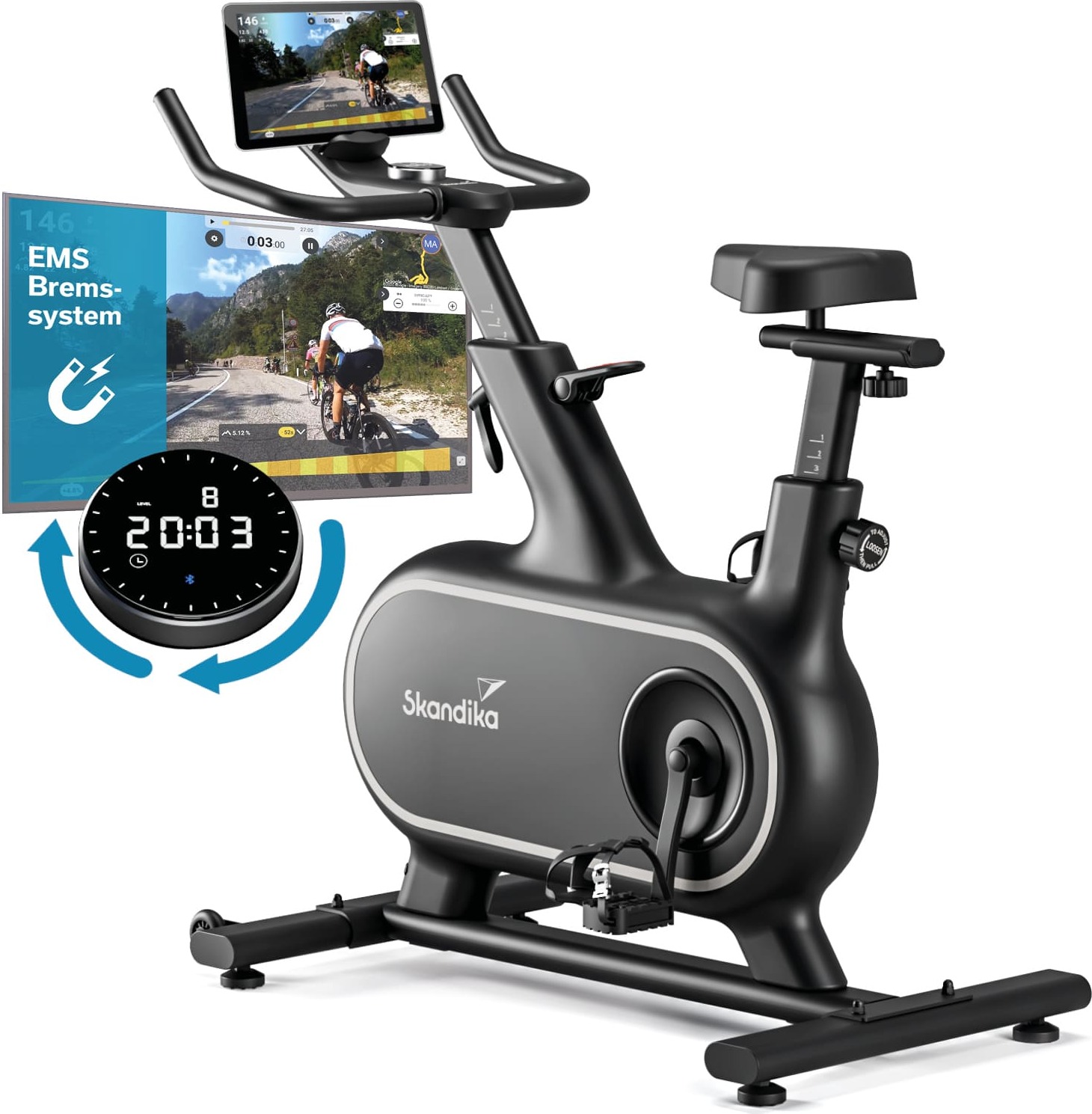 Skandika Heimtrainer Fahrrad Cykling P12-H | 32 Stufen, Magnetbremssystem, 12 kg Schwungmasse, App Steuerung mit Kinomap, Hometrainer Fahrrad