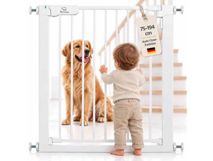 BRONEA Luca Treppengitter ohne Bohren Türgitter & Treppenschutzgitter zum Klemmen verlängerbar 75-194 cm Auto-Close, 90° Stop, beidseitig schwenkbar (187-194 cm)