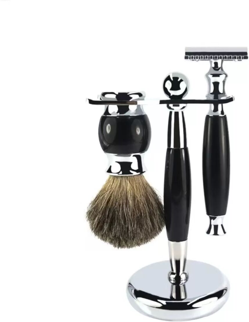 INF Kit de Rasoir Manuel à Grain de Bois Vintage - Ensemble 3 Pièces pour Hommes Le noir