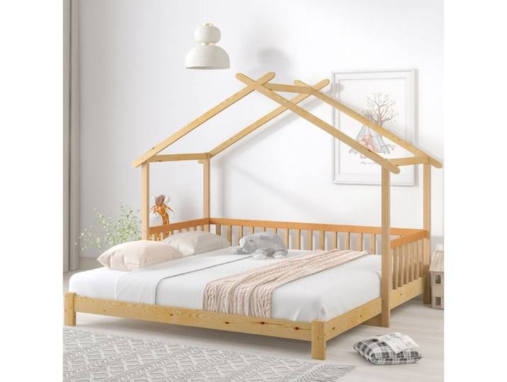 COVREO Lit cabane extensible enfant 90x200/180x200 cm en pin massif avec barrières 3 côtés