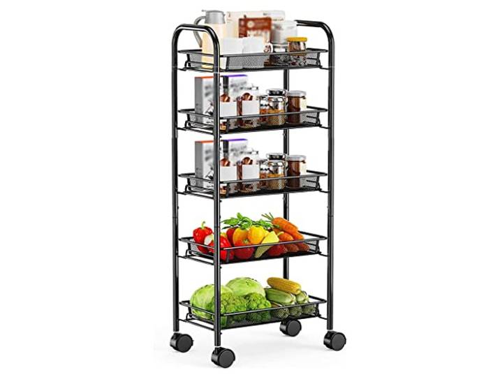 Rollwagen, Metallwagen feststellbare Räder 4 Haken Küche Bad(/Black 5 Tier)