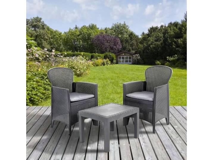 Dmora - Ensemble de salon d'extérieur Foggia\, Composition de jardin avec 2 fauteuils et 1 table basse\, Salon effet rotin avec coussins\, 100% Made in Italy\, Anthracite