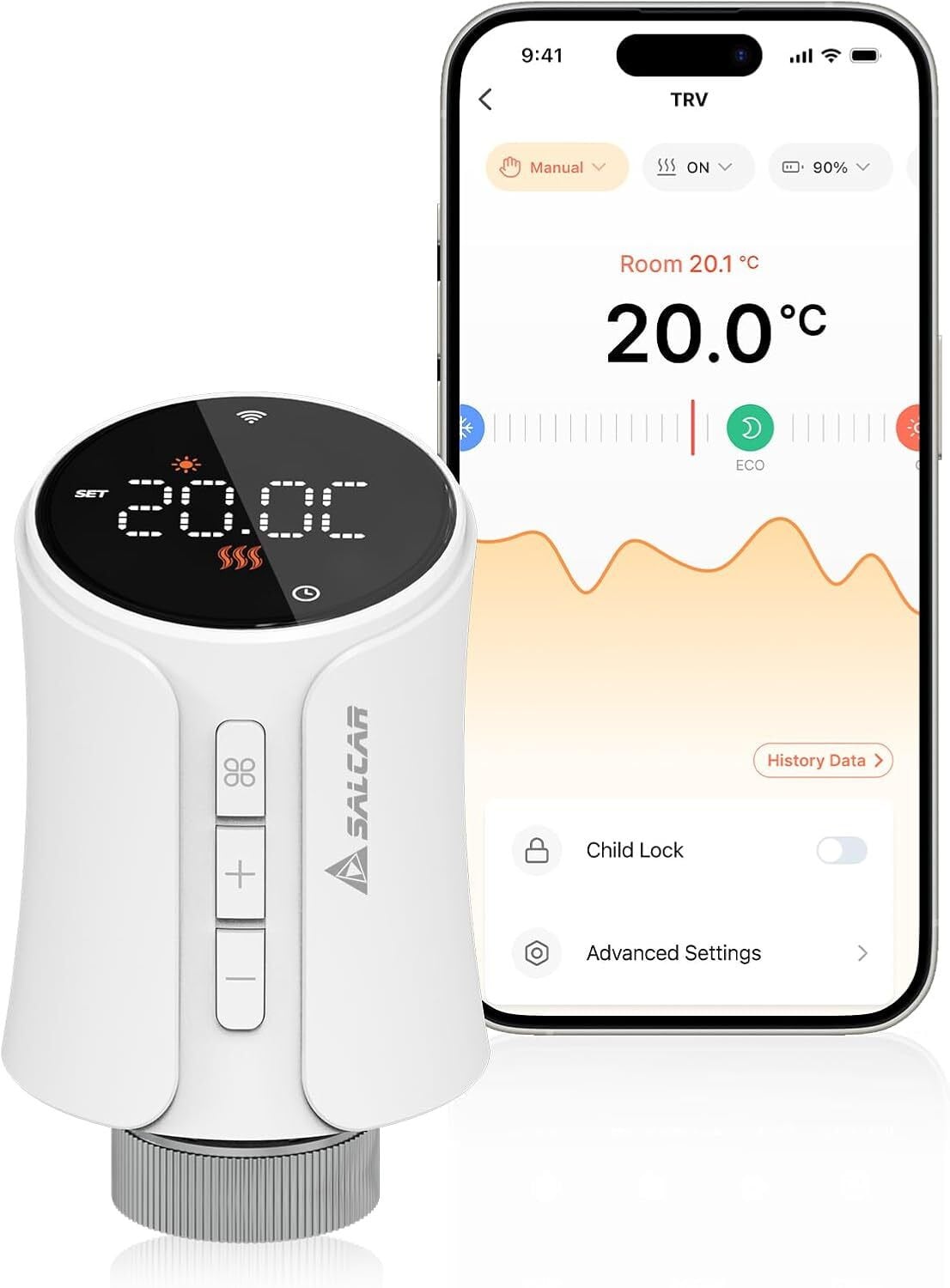 Salcar Slimme Radiatorknop met WiFi, LCD-display en Spraakbesturing voor Alexa en Google Assistant