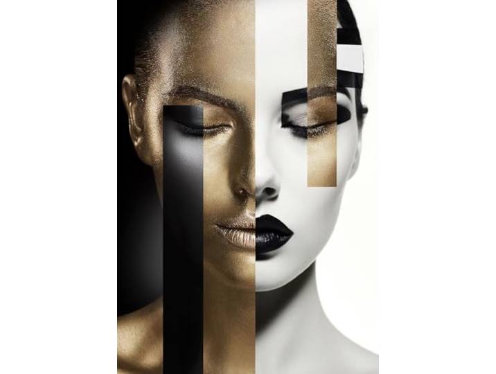 STYLER Glasbild Femi 80 x 120 cm I Wandbild Glas modern für Wohnzimmer Schlafzimmer Büro Flur Abstraktes Frauenportrait Gold Schwarz Weiß hochwertige Wanddeko Made in Europe