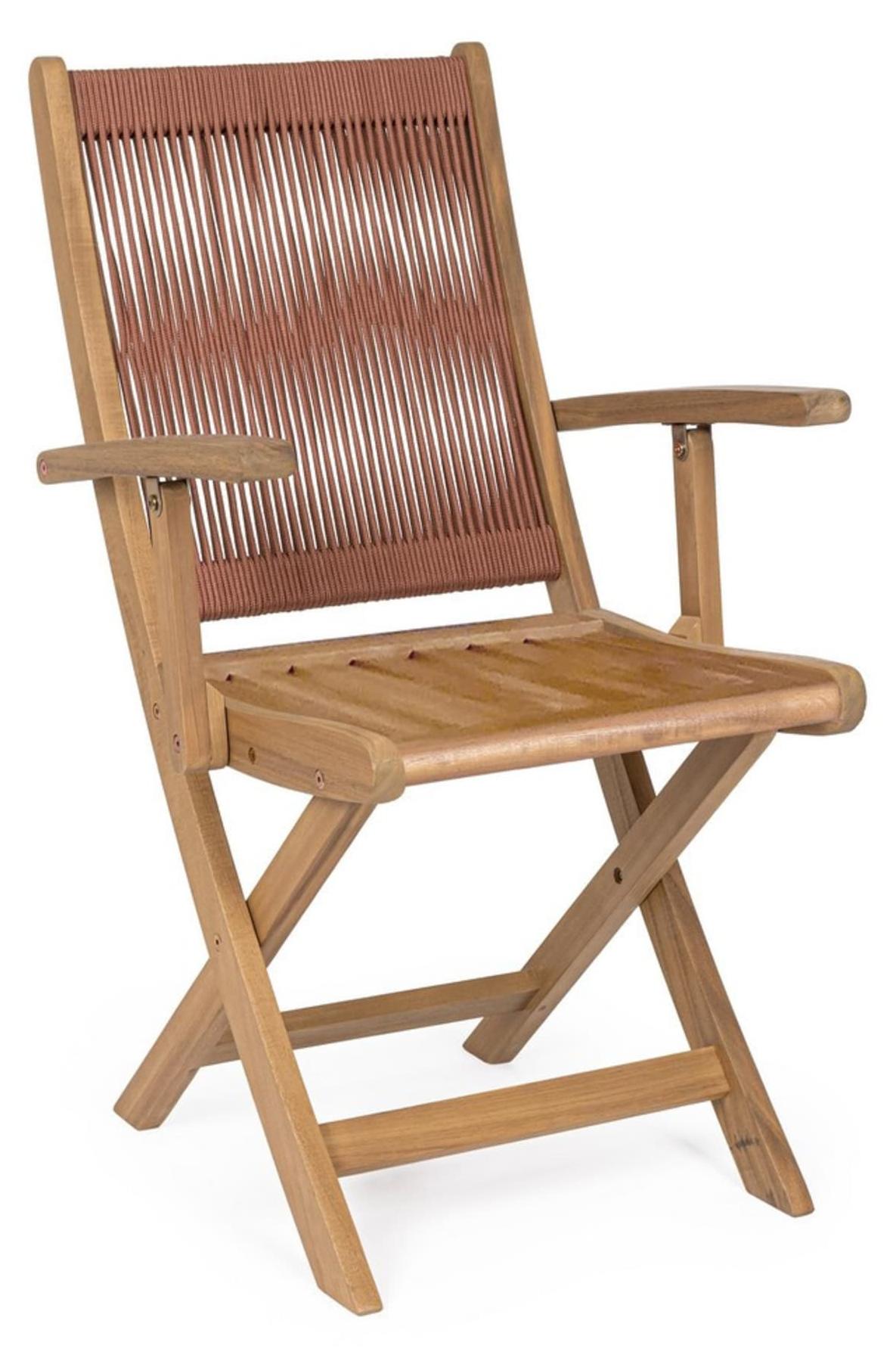 Set mit MONSARAZ-Klappstühlen aus Akazienholz und korallenrotem Seil