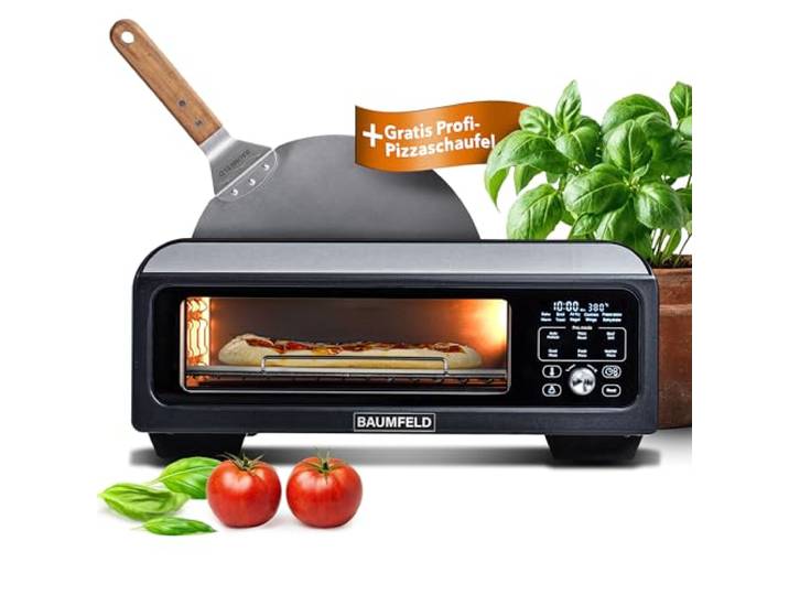 BAUMFELD PizzaAirfryer400 black - 12 in 1 Multifunktionsofen, Pizzaofen, 400 °C, tragbar, Grillen, Pizza, Air Fryer, Backen, XXL Zubehör, Indoor, Steinofenplatte, Gusseisenblech