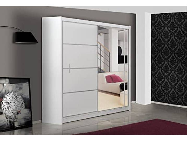 Kleiderschrank Vista mit Spiegel 180 cm, Schwebetürenschrank, Garderobeschrank Schlafzimmer; Wohnzimmerschrank; Korpus Schrank Farbe: Weiss; Farbe der Schrankfront: Weiss; Mehrzweckschrank