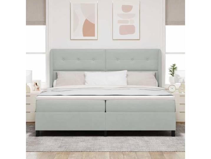 KTHLBRH Boxspringbett 200 x 200 cm hellgrau Samt Kopfteil verstellbar, 2 Höhen, mittlere Matratze, Gestell aus Massivholz, Kapazität 280 kg