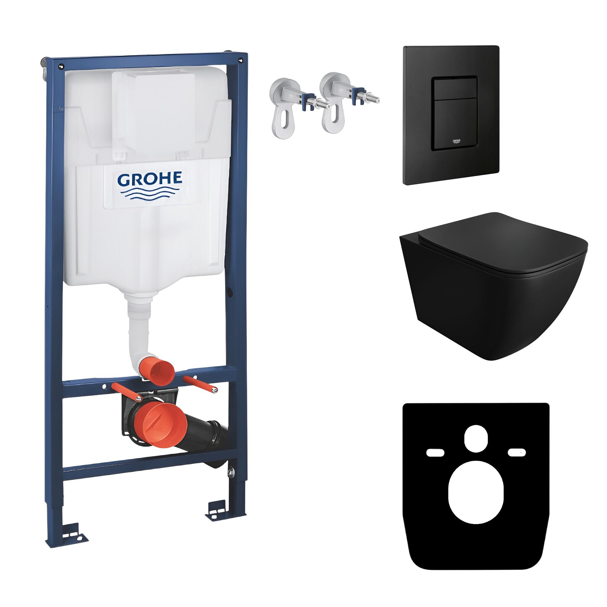 GROHE Vorwandelement Solido + Wand Hänge WC Onil Schwarz Spülrandlos + WC-Sitz SoftClose | Schwarzer Knopf | Komplettset | Unterputz Spülkasten | Toilette Komplett Sett