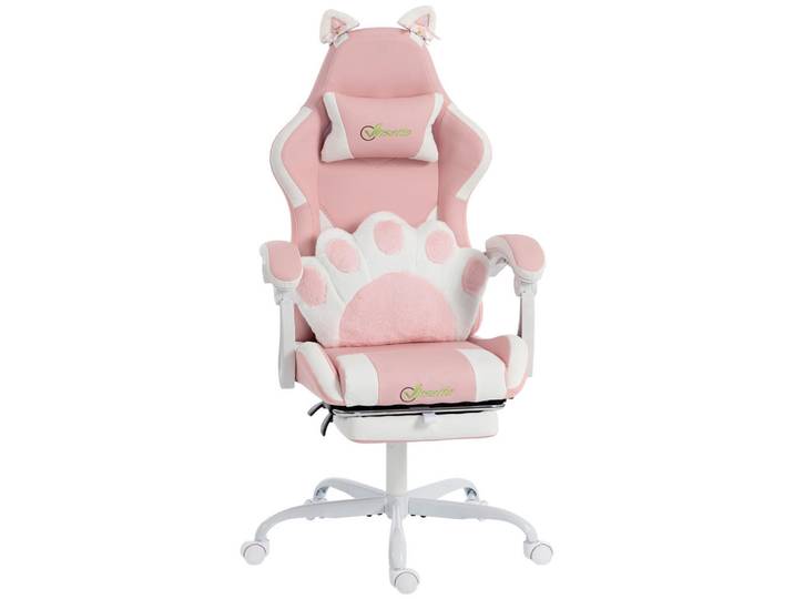 ComfortXL Gamingstuhl De-05251 Katzenohren, Lendenstütze & Fußstütze Rosa, Metall, 53x128x63.5 cm, Büromöbel, Bürostühle, Gaming-Sessel