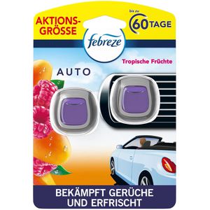 Febreze Autoduft Car Duo, Tropische Früchte, 2 Stück, bis zu 60 Tage, Duftgel, für den Lüftungsschlitz