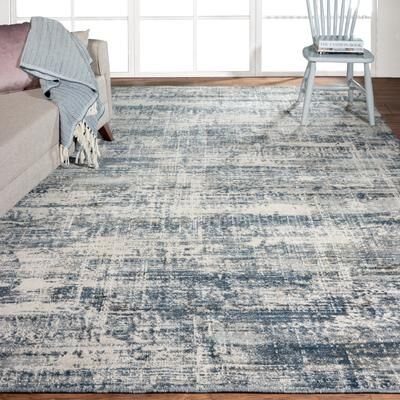 KALATY Theory Distressed Denim Blues / Greys Abstract Area Rug