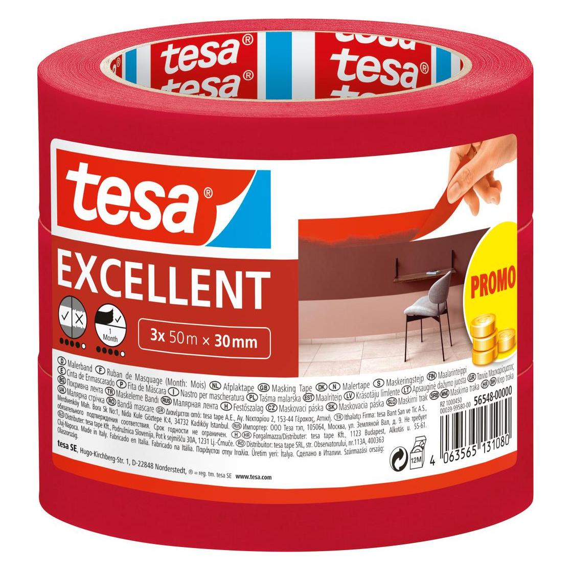 tesa 3x Malerkrepp EXCELLENT zum Abkleben bei Malerarbeiten (30 mm) (56548-00000-00)