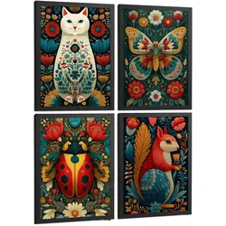 POSTER 4er-Set farbenfrohe Kunstdrucke im Folk-Art-Stil, Tiere und Blumen-Dekorationsbilder, im botanischen Stil für Wohnzimmer Schwarzer Rahmen A4