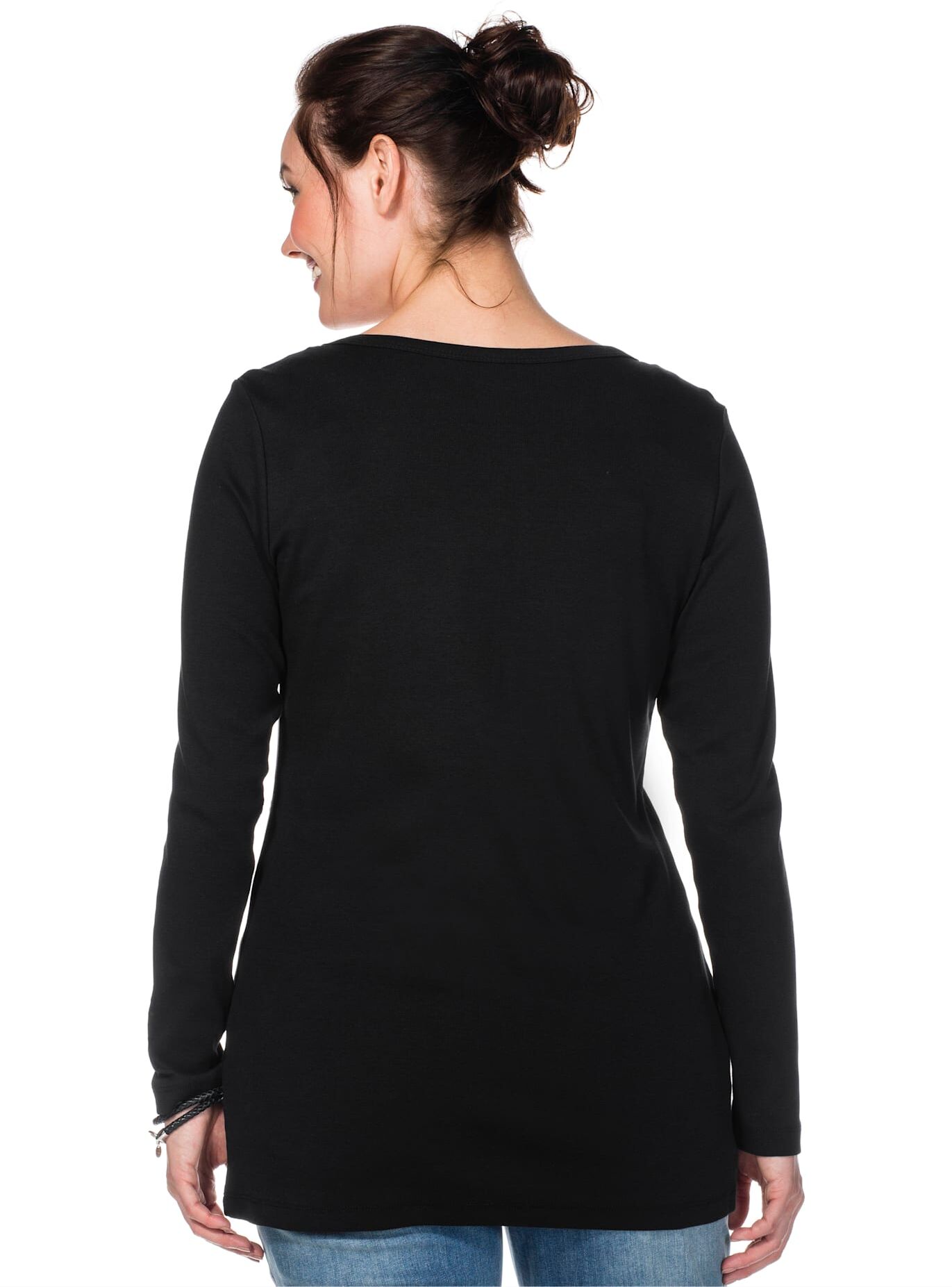 Langarmshirt SHEEGO "Langarmshirt", Damen, Gr. 52/54, schwarz, 100% Baumwolle, unifarben, Rundhals, Shirts Langarmshirt schwarz 52/54