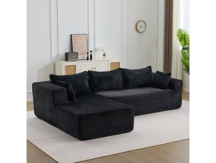 Canapé d'angle 279x179x83cm velours côtelé noir - Canapé Modulable - 4 places sans armature sans montage assise profonde