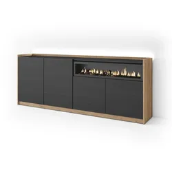SIDEBOARD, Schwarz und Eiche, 207/37/80cm, Kamin mit Feuereffekt