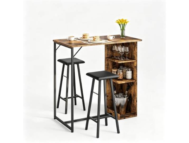 Hapterouse Bartisch Set 3-teilig 2 Hocker Holzoptik mit Ablagen Küche Zwei Hocker, Platzsparende Bauform, Robuster Rahmen, Offene Fächer, Für Apartment