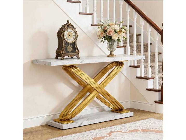 VUENOR Table console 140x35x80 cm blanc et or - effet marbre blanc structure X