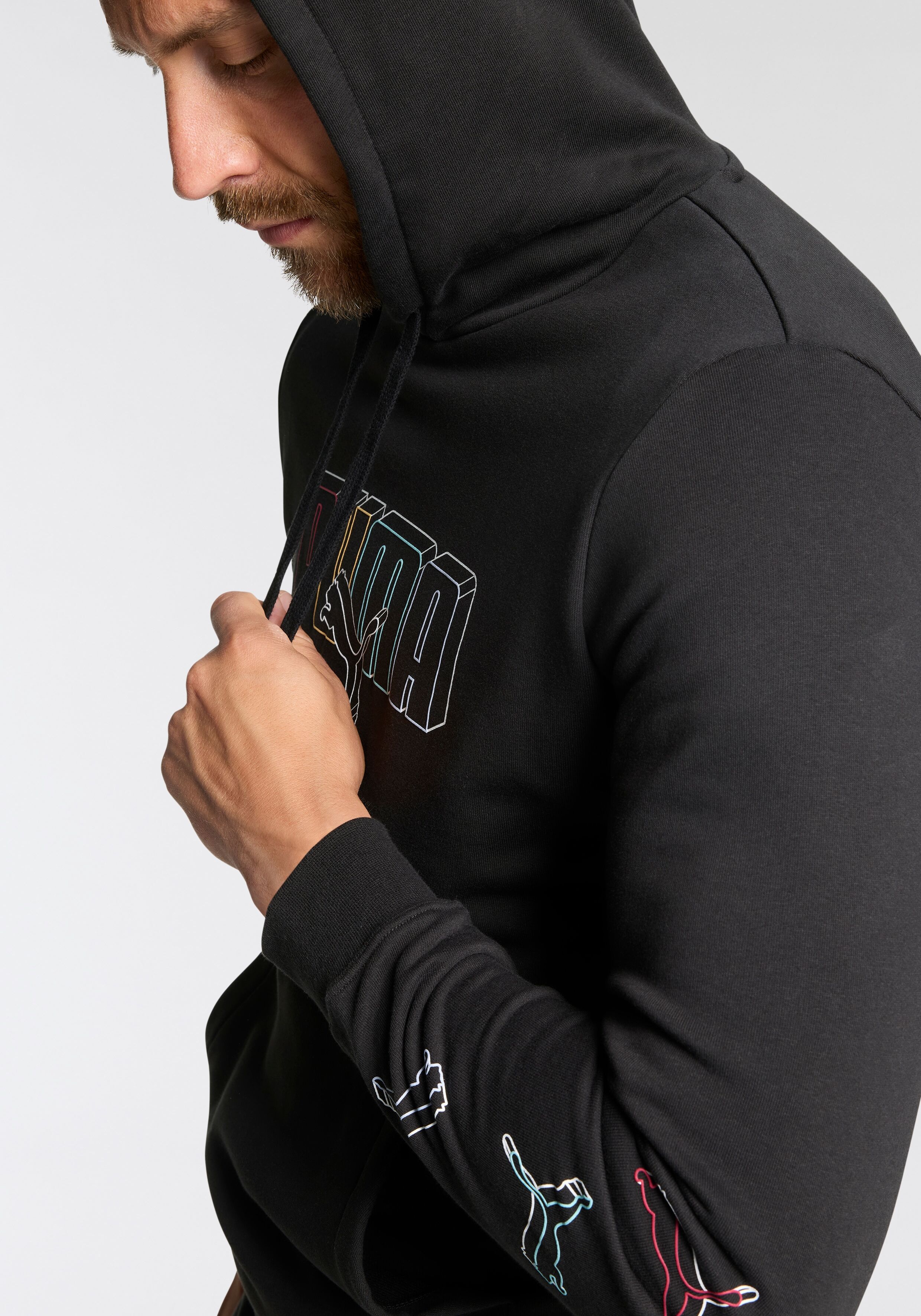 Kapuzensweatshirt PUMA "ESS LOGO LAB EXECUTION HOODIE TR", Herren, Gr. L, schwarz (puma schwarz), Sweatware, Obermaterial: 68% Baumwolle, 32% Polyester, bedruckt, regular fit normal, angesetztes Bündchen, Sweatshirts Kapuzensweatshirt, mit Kapuze, mit Kän