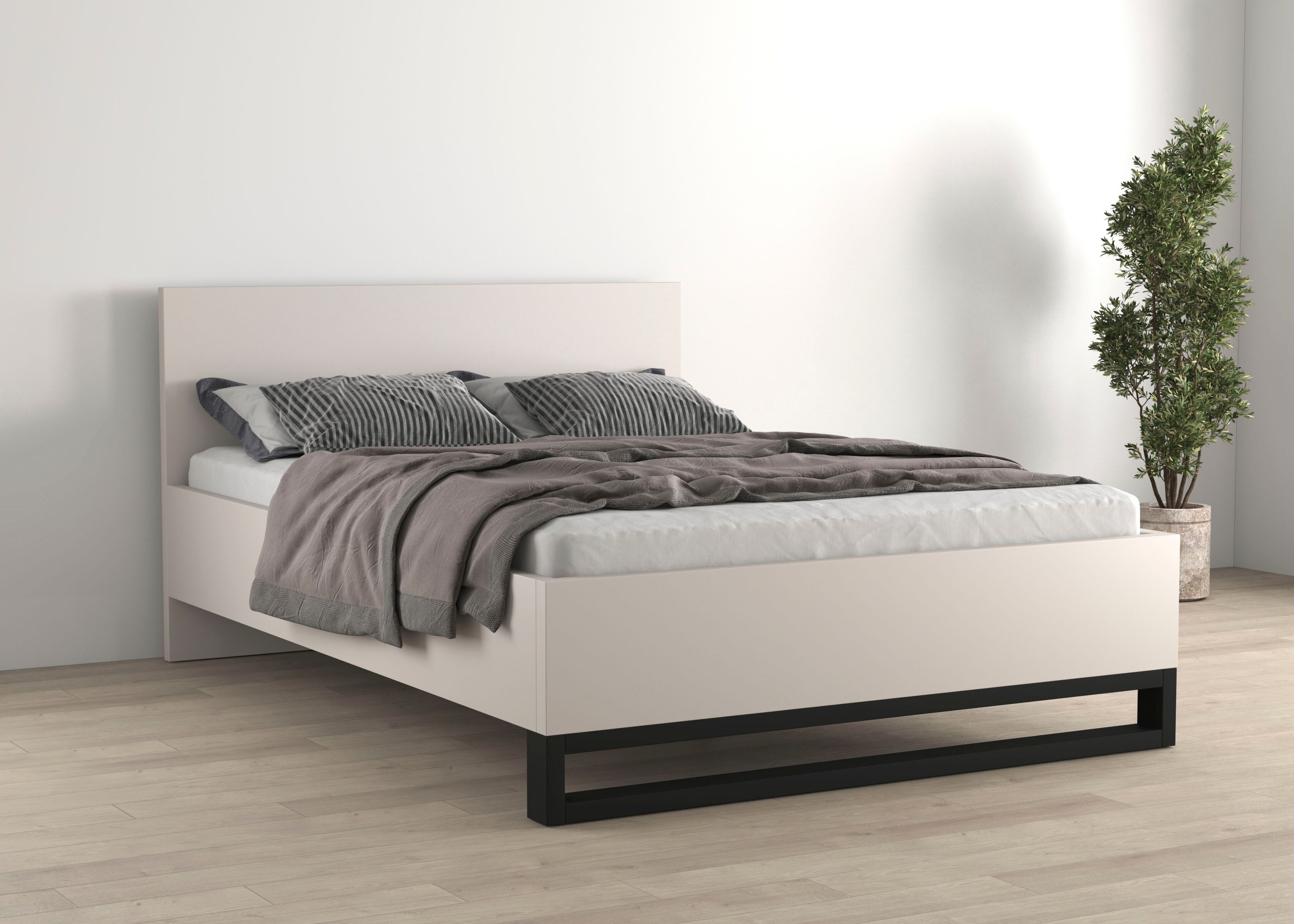 Bettgestell HOME AFFAIRE "Bronne, Topeseller, Industrial Design", weiss (kaschmir, kaschmir, schwarz), B:168cm H:93,5cm L:208,6cm, Betten, Bettgestell, Stauraumbett in drei Breiten, stabil mit Kufen in Metalloptik kaschmir, kaschmir, schwarz Liegefläche L