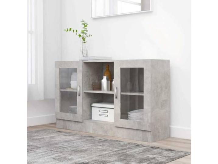 RJPLMFV Vitrinenschrank, Betongrau, 120 x 30,5 x 70 cm, Holz aus Technik 2 Fächer, 2 Türen, Regale, robuste Oberseite für Dekoration, leicht zu reinigen