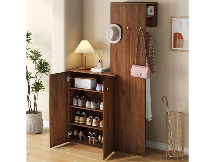 Vestiaire D'Entrée Multifonction MDF Noyer Meuble D'Entrée Design FloraGrace Pour Entrée Avec Crochets Et Barre 115x38.5x191.5cm